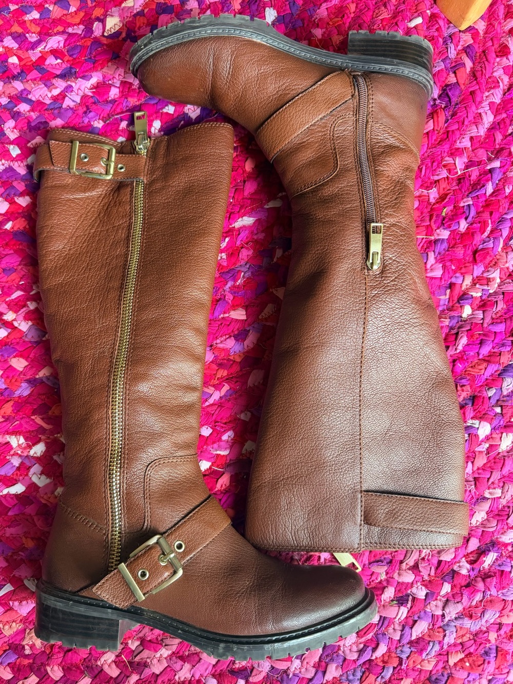 Women's BCBGeneration Tall Brown Leather Riding Boots with Buckle Detail